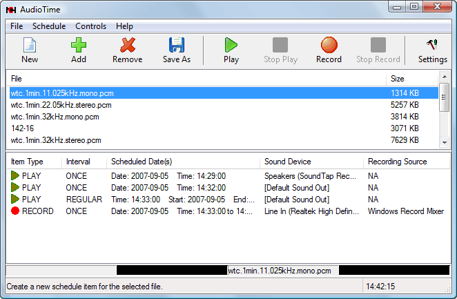 AudioTime lets you schedule your Windows computer to record or replay audio at certain dates and times or regular times on certain days of week.