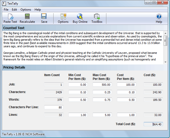 TexTally Word Line and Character Counter - Word counting and formula calculating program