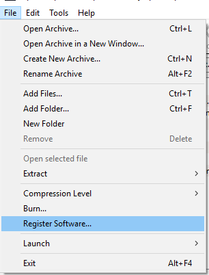 Register software from file menu