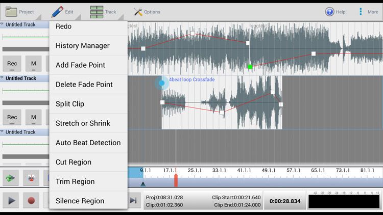 Schermata di registrazione e modifica audio Android MixPad