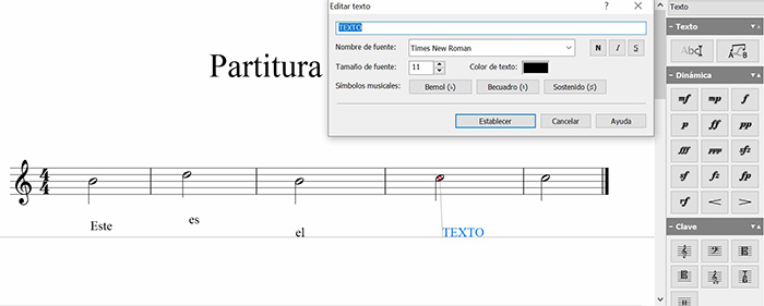 Captura de pantalla de función de añadir texto en Crescendo, software de notación musical