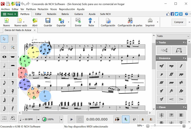 Pantalla de ventana principal de Crescendo, software de notación musical