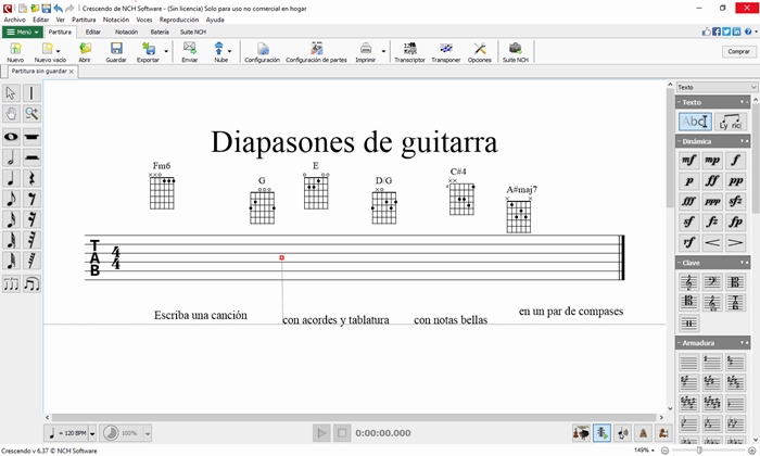 Capturas de pantalla de la función de creación de diapasón de Crescendo, software de notación musical