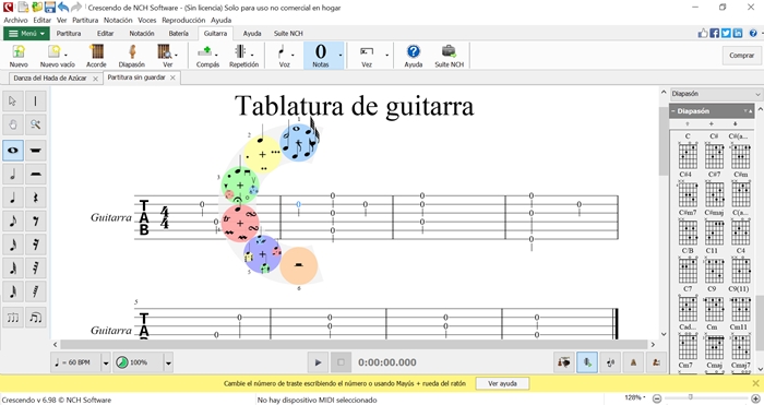 Capturas de pantalla de la función de creación de tablaturas de Crescendo, software de notación musical