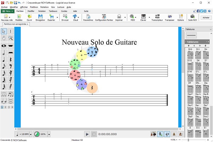 Capture d'écran de création de tablatures dans Crescendo logiciel de notation musicale