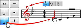 Wijs en klik om noten en muzieknotatie toe te voegen aan de notenbalk