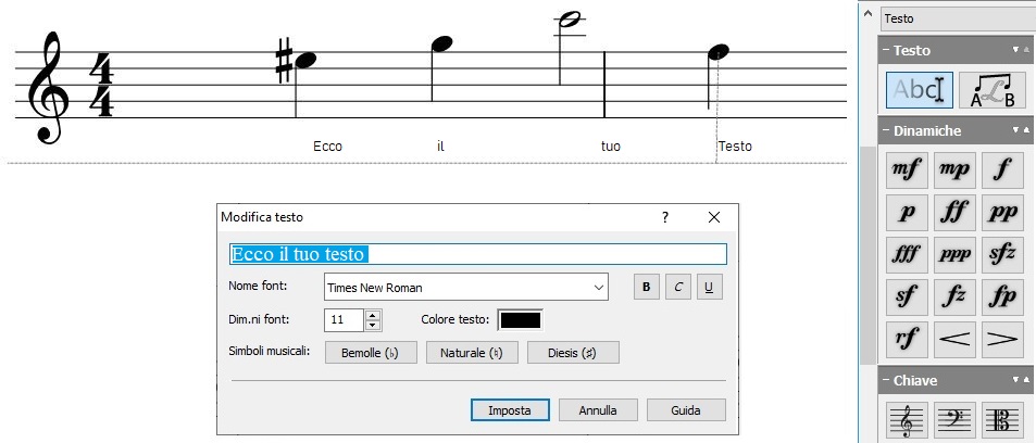 Schermata del software di notazione musicale Di Crescendo con la funzione di aggiunta di testo dimostrata