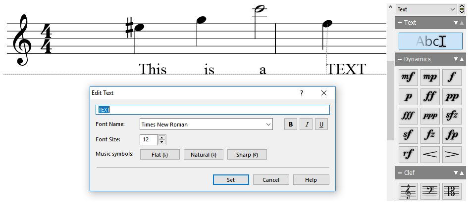 Screenshot of Crescendo Music Notation Software with text adding feature demonstrated