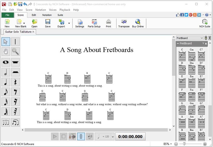 Crescendo Music Notation Software screenshot of fretboard display feature
