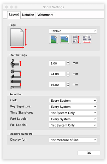 Schermata delle impostazioni del software di notazione musicale Crescendo per Mac