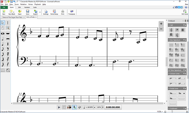 Capturas de pantalla de pentagrama de música con nombres de notas de Crescendo, software de notación musical