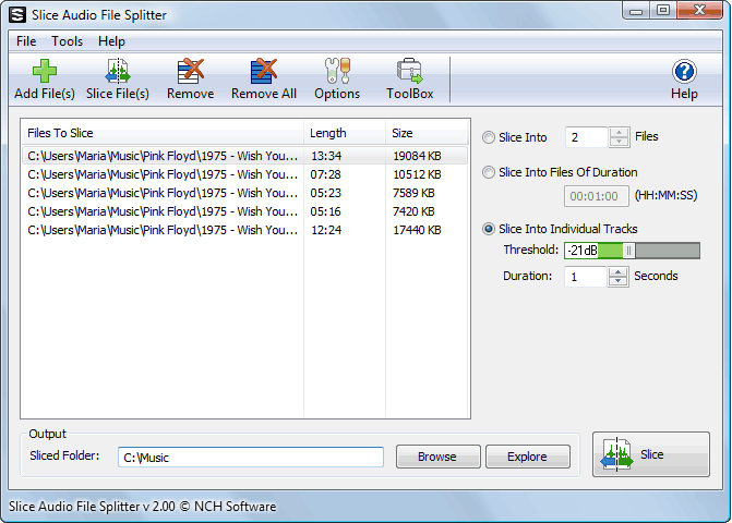 Click to view Slice Professional Audio File Splitter 2.01 screenshot