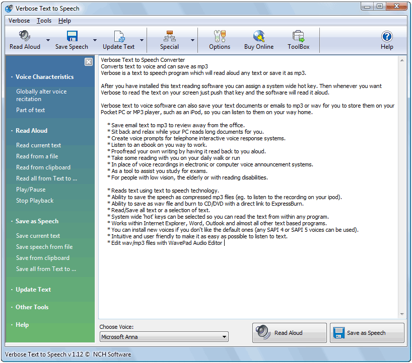 Click to view Verbose Text to Speech Software 1.33 screenshot