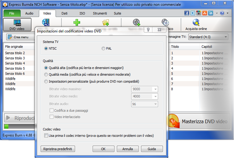 Schermata del software di masterizzazione di DVD Express Burn