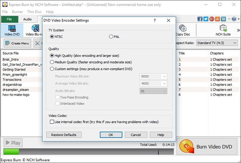 Captura de tela do software de gravação de DVD Express Burn