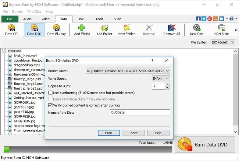 Express Burn data disc burning software screenshot