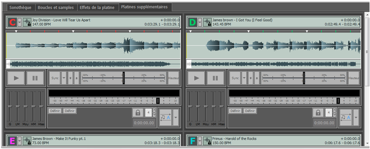 Captures d'écran de l'onglet platines sur Zulu - Logiciel de mixage pour DJ