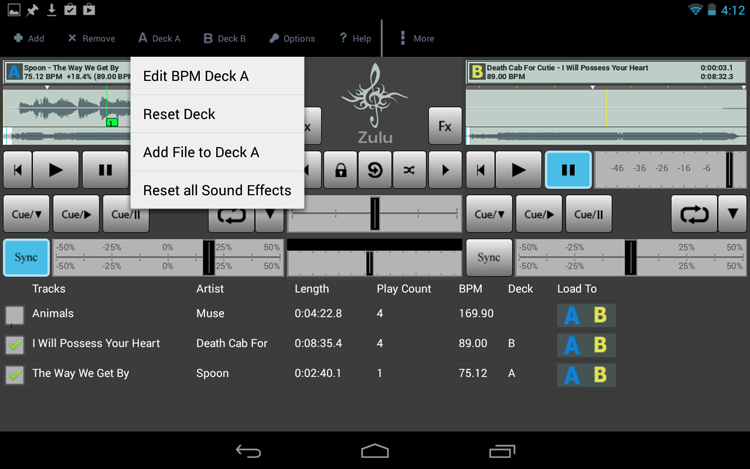 Zulu Android DJ App editing deck screenshot.