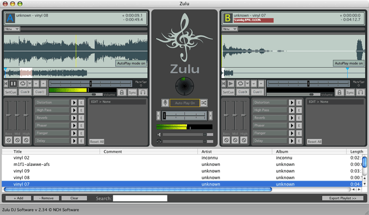 Schermata del software mixer Zulu DJ per Mac.