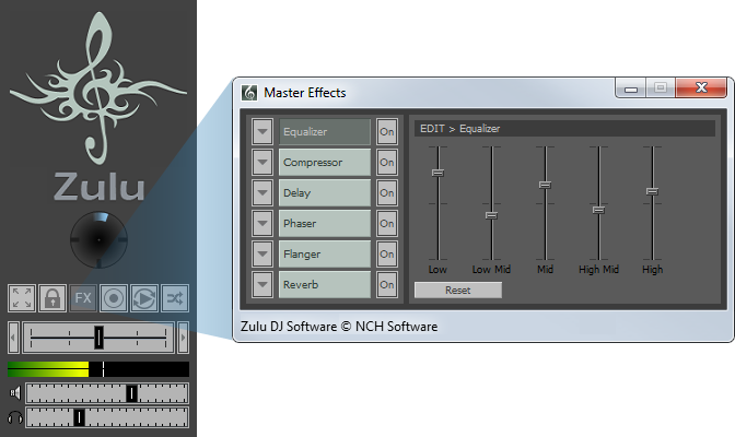 Schermata degli effetti globali del software mixer Zulu DJ.