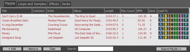 The playlist shows all of the music loaded into Zulu including the song titles, artists and other song details.