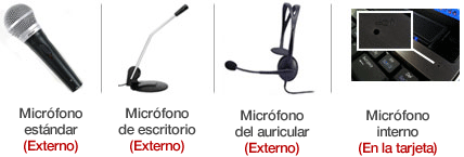Estos son los diversos tipos de micrófonos que funcionarán con el Software para Edición de Sonido WavePad - Micrófono estándar, micrófono de escritorio, micrófono de auriculares o microfono interno.