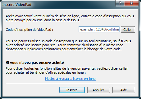 Fenêtre d'inscription NCH Software