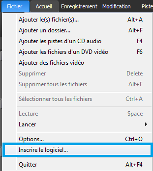 Inscrire le logiciel à partir de l'onglet Fichier