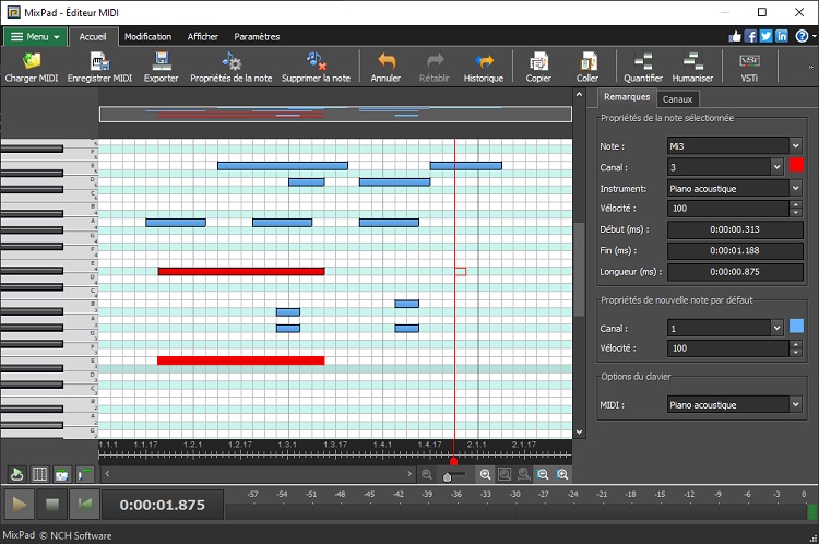 Captures d'écran de l'Éditeur MIDI de MixPad