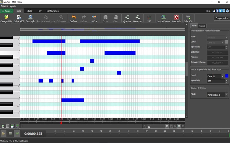 Captura de tela do Software MixPad Editor MIDI