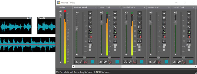 Schermata del software di missaggio multitraccia Mixpad
