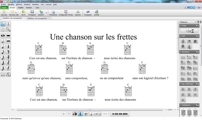Captures d'écran de l'affichage du manche dans Crescendo logiciel de notation musicale