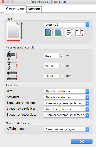 Capture d'écran des paramètres de Crescendo Logiciel de notation musicale pour Mac