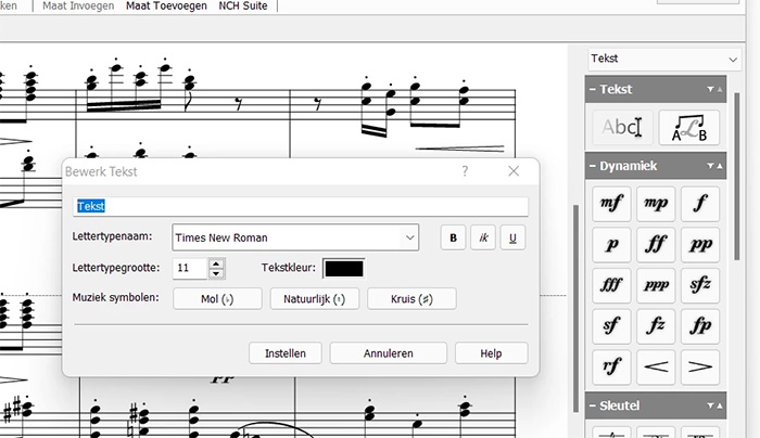 Screenshot van Crescendo Music Notation Software met tekst toevoegen functie gedemonstreerd