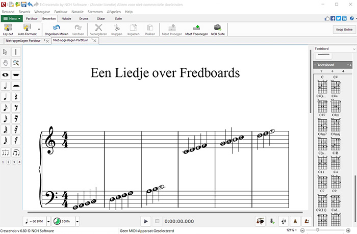 Crescendo Music Notation Software screenshot van fretboard display functie