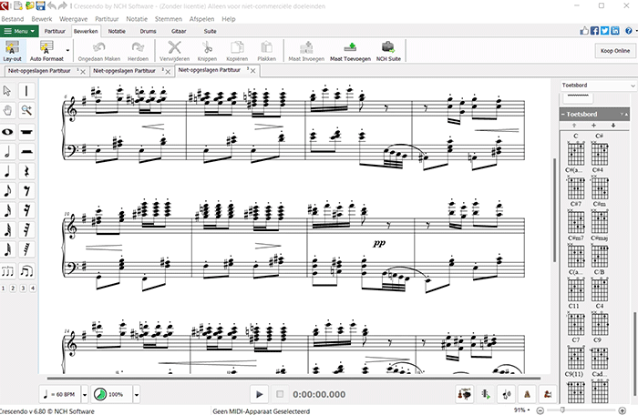 Crescendo Music Notation Software screenshot van een muziekpartituur met nootnamen weergegeven