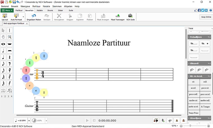 Crescendo Music Notation Software screenshot van tabulatuur creatie functie