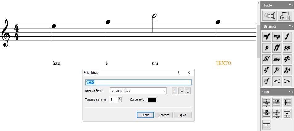 Captura de tela do Crescendo Software de Notação de Música com Recurso de Adição de Texto Demonstrado