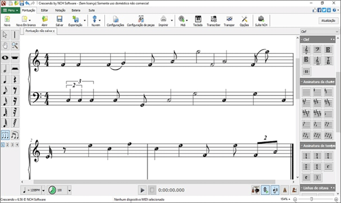 Captura de Tela do Crescendo Software de Notação de Música de uma Partitura com Nomes de Notas Exibidos