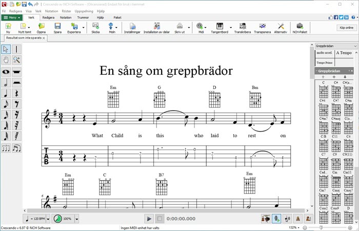 Crescendo Musiknotation skärmdump av greppbrädans displayfunktion