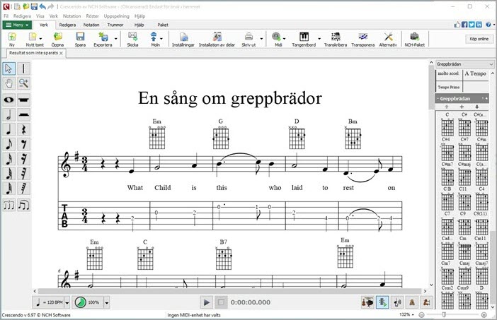 Crescendo Musiknotation skärmdump av greppbrädans displayfunktion