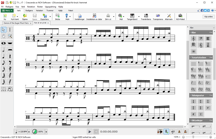 Crescendo Musiknotation skärmdump av ett partitur med notnamn som visas