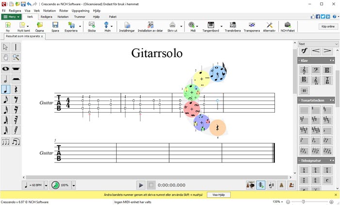 Crescendo Musiknotation skärmdump av tabulaturskapar funktion