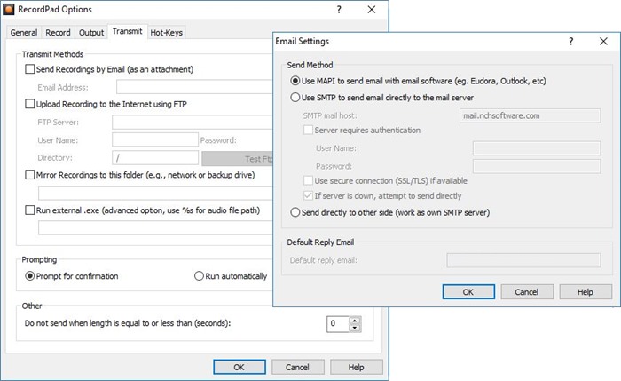 RecordPad transmit options