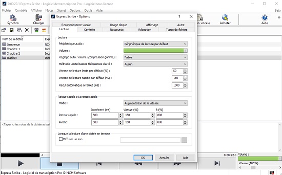 Capture d'écran des options de lecture d'Express Scribe