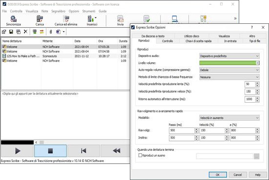 Schermata delle opzioni di riproduzione di Express Scribe