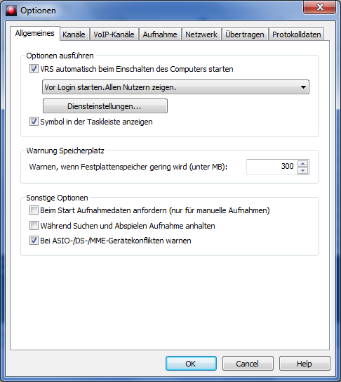 VRS Einstellungen-Fenster