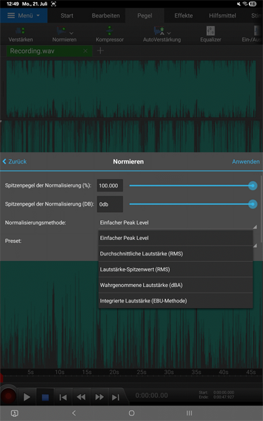 Screenshot WavePad Android Audio Editor Audio normalisieren.