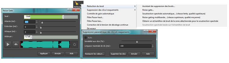 Menu des effets dans WavePad