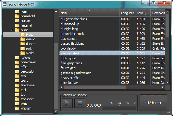 Captures d'écran de la sonothèques d'effets dans WavePad éditeur audio